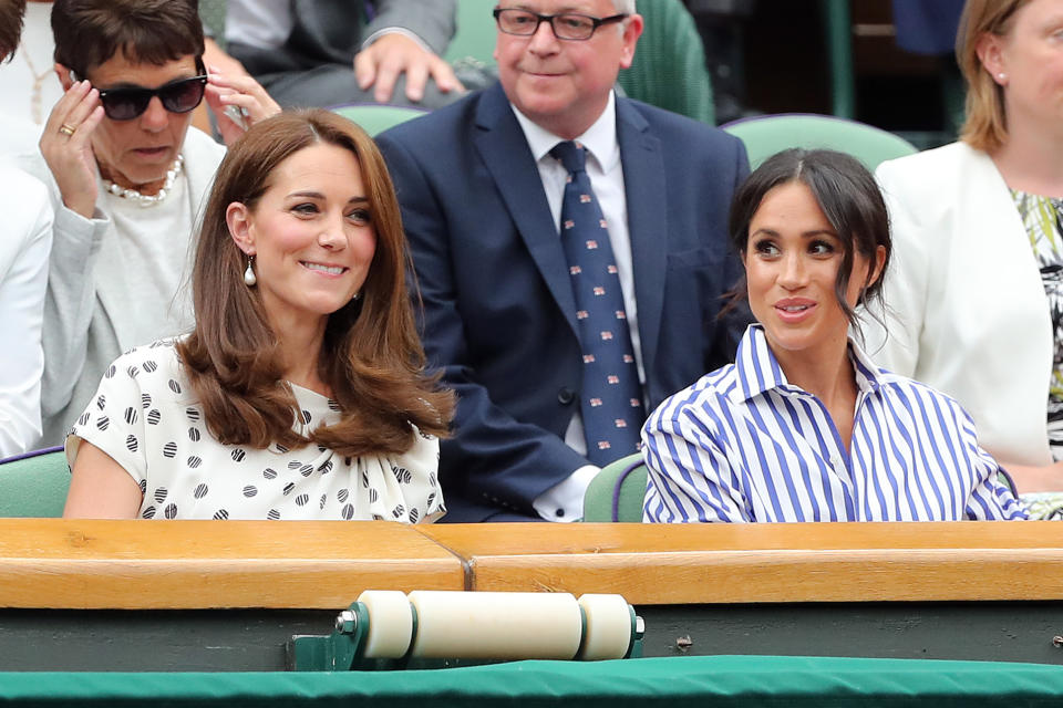 LONDON, ENGLAND - JULY 14: Mens Singles, Semi-Final - Rafael Nadal v Novak Djokovic - Kate Middleton, Duchess of Cambridge and Meghan Markle, Duchess of Sussex at All England Lawn Tennis and Croquet Club on July 14, 2018 in London, England. (Photo by Charlotte Wilson/Offside/Getty Images)