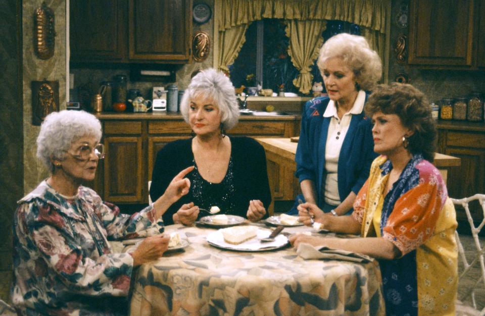 In a May 1992 episode, Estelle Getty, left, Bea Arthur, Betty White, and Rue McClanahan share their favorite dessert. (Photo: Joseph Del Valle/NBCU Photo Bank)