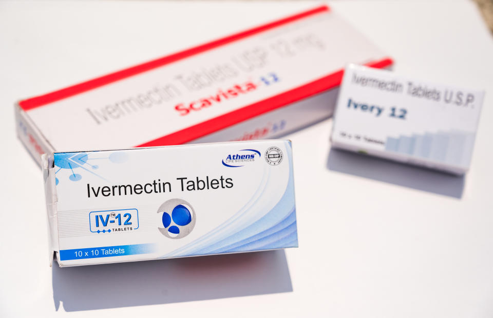 This picture shows the tablets of Ivermectin drugs in Tehatta, West Benga, India on 19 May on 2021. Some Indian state governments have plans to dose their populations with the anti-parasitic drug ivermectin to protect against severe COVID-19 infections as their hospitals are overrun with patients in critical condition. But, the World Health Organization (WHO) has warned against the use of this medicine in treating COVID-19 patients. (Photo by Soumyabrata Roy/NurPhoto via Getty Images)