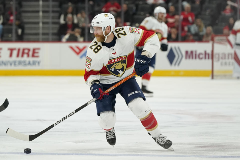 FILE - Florida Panthers right wing Claude Giroux controls the puck during the third period of an NHL hockey game against the Detroit Red Wings, Sunday, April 17, 2022, in Detroit. Giroux has signed a $19.5 million, three-year contract with the Ottawa Senators, according to a person with knowledge of the move. The person spoke to The Associated Press on condition of anonymity Wednesday, July 13, 2022, because the deal had not been announced.(AP Photo/Carlos Osorio, File)