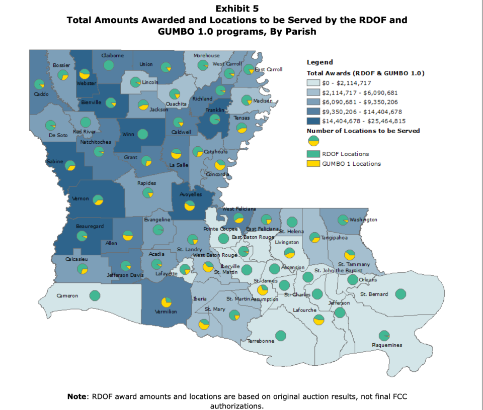 Map of Louisiana showing locations of broadband grants