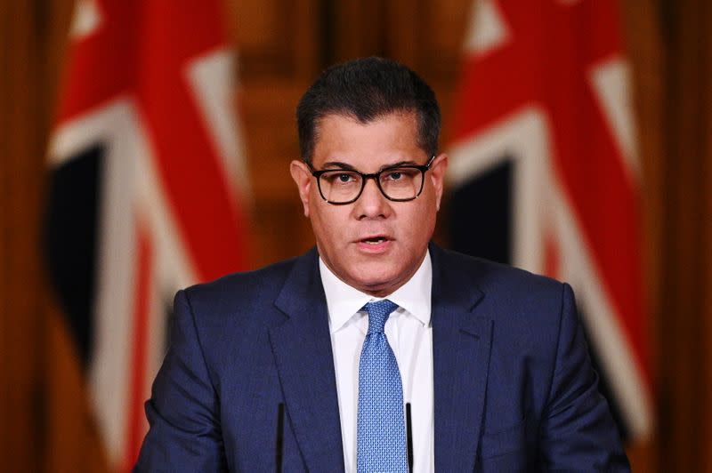 Britain's Business Secretary Alok Sharma speaks during a virtual news conference on COVID-19 at 10 Downing Street, in London