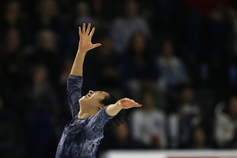 Nathan Chen performs during the men's free skating program at Skate America, Saturday, Oct. 20, 2018, in Everett, Wash. (Olivia Vanni/The Herald via AP)