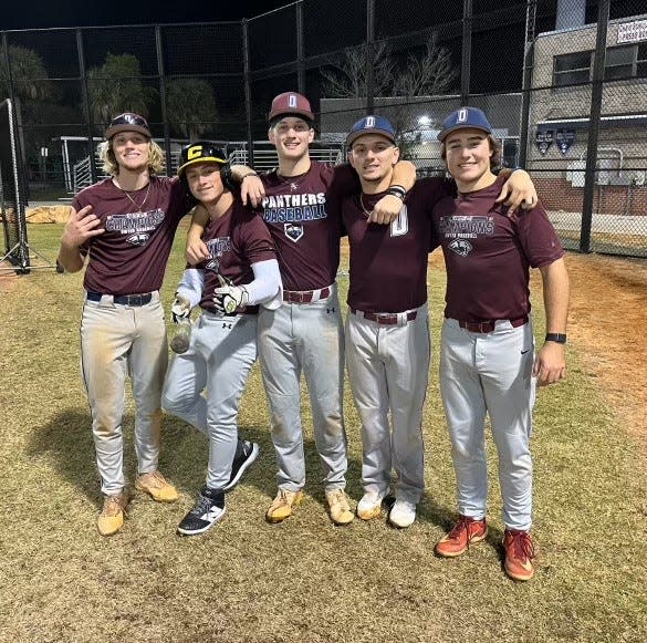 Five players committed to Division I schools will lead Dwyer High's bid for a state championship this season: from left, third baseman Bryce Jackson (South Florida), center fielder Jackson Miller (Ole Miss), pitcher Kody Morgan (South Florida), pitcher Nick Rovitti (The Citadel) and shortstop Dawson Thrush (Air Force).