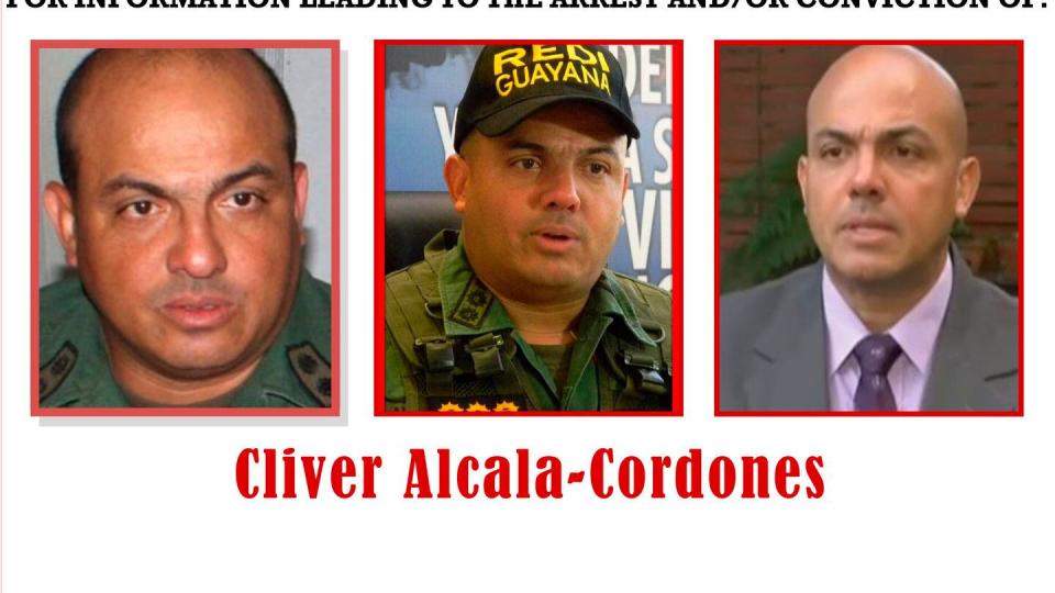 This image provided by the U.S. Department of Justice shows a reward poster for Cliver Alcala-Cordones that was released on March 26, 2020, as part of a federal indictment charging him and others in a conspiracy stretching back two decades to convert Venezuela into a launch pad for flooding the U.S. with cocaine. (Department of Justice via AP, File)