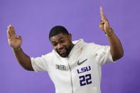 LSU running back Clyde Edwards-Helaire poses during media day for NCAA College Football Playoff national championship game Saturday, Jan. 11, 2020, in New Orleans. Clemson is scheduled to play LSU on Monday. (AP Photo/David J. Phillip).