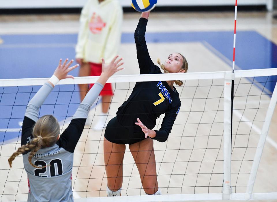 Martin County's Grace Lee (7) hits against South Fork in a high school volleyball match, Tuesday, Oct. 10, 2023, in Stuart. Martin County won in five sets.