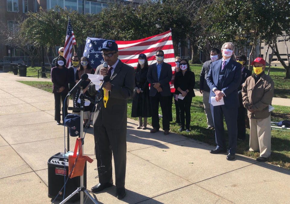 Members of Coalition for TJ addressed the press in 2020 when they sued Fairfax County Public Schools over admissions criteria at the district’s elite STEM high school. (Getty Images)
