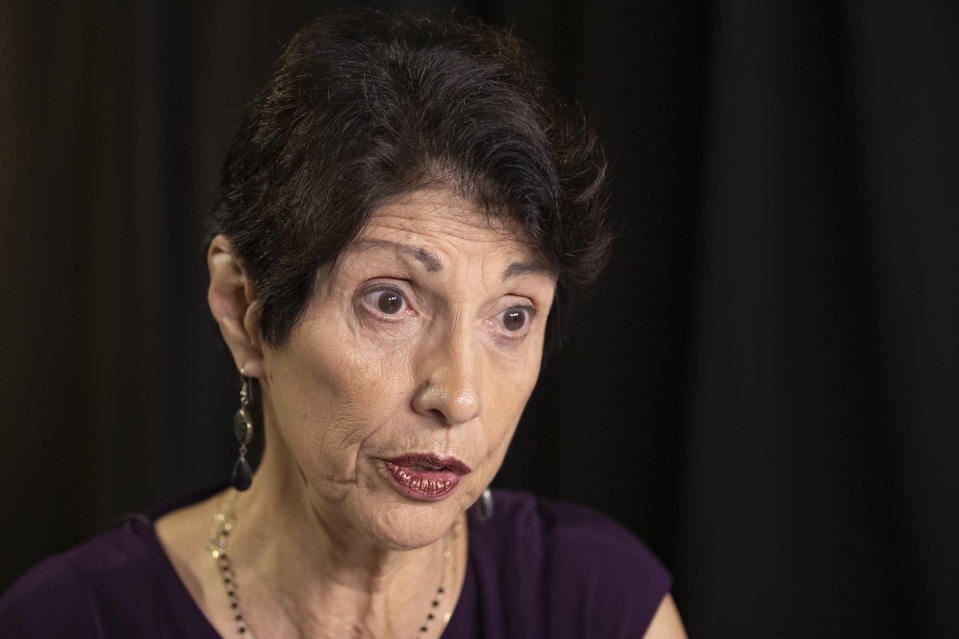 In this June 19, 2019, photo, Diane Foley, mother of journalist James Foley, who was killed by the Islamic State terrorist group in a graphic video released online, speaks to the Associated Press during an interview in Washington. (AP Photo/Manuel Balce Ceneta)