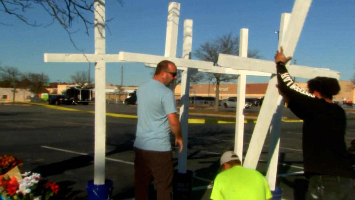 Matt Cilento built six white crosses in honor of the six shooting victims. 