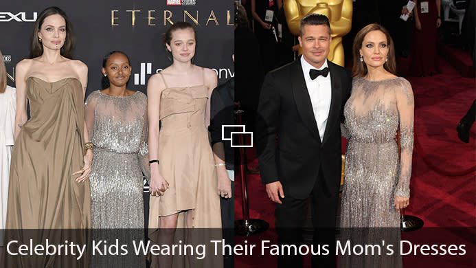 Angelina Jolie, Zahara, and Shiloh + Brad Pitt and Angelina Jolie at 2014 Oscars: Celebrity Kids Wearing Their Famous Mom's Dresses