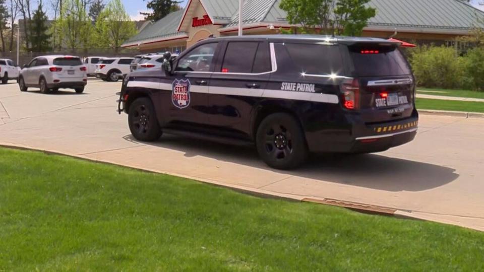 PHOTO: In this screen grab from a video, a patrol car is on the scene near Mount Horeb School after a shooting incident, on May 1, 2024. (WKOW)