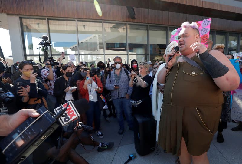 Rally in support of the Netflix transgender employee walkout “Stand Up in Solidarity”, in Los Angeles