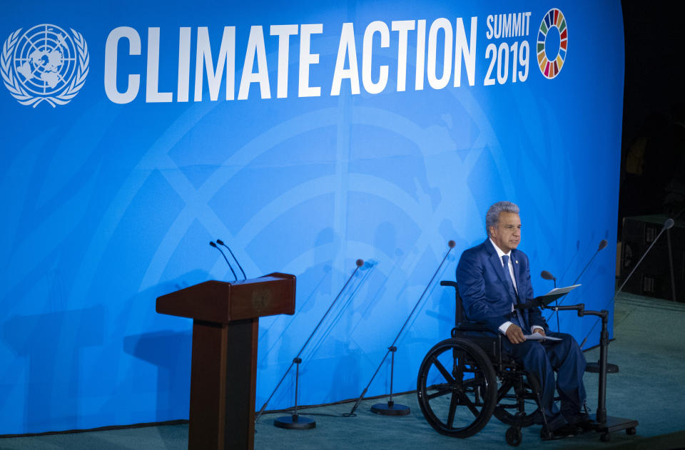 Ecuador's President Lenin Moreno Garcés speaks during the Climate Action Summit 2019 at the 74th session of the United Nations General Assembly, at U.N. headquarters, Monday, Sept. 23, 2019. (AP Photo/Craig Ruttle)