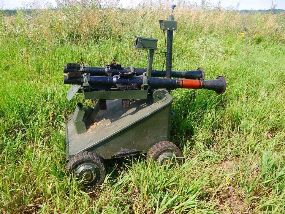 An unmanned ground vehicle developed by Ukrainian soldier Oleksandr Navarenko at a training ground in Donetsk Oblast on July 24, 2023. (Asami Terajima/The Kyiv Independent)
