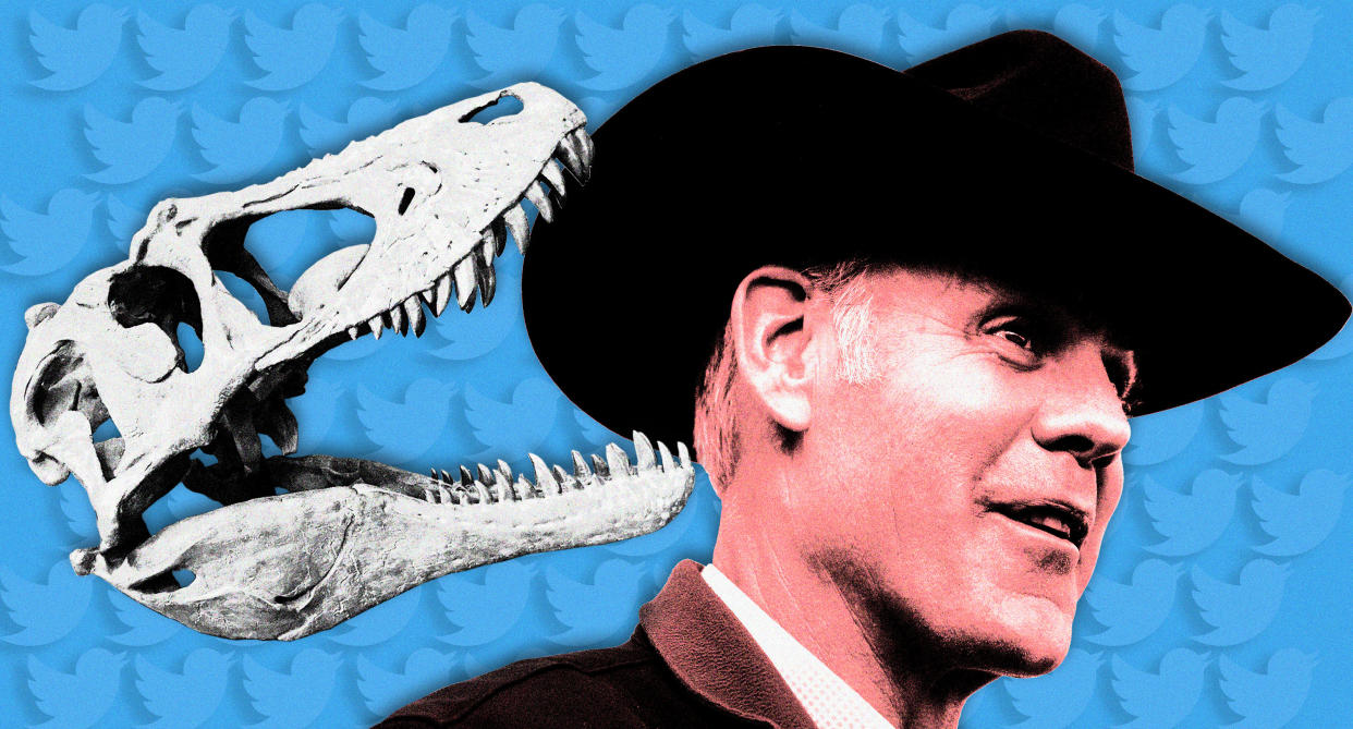 Secretary of the Interior Ryan Zinke (Photo illustration: Kelli R. Grant/Yahoo News; photos: Ryan Zinke via Twitter, George Frey/Getty Images)