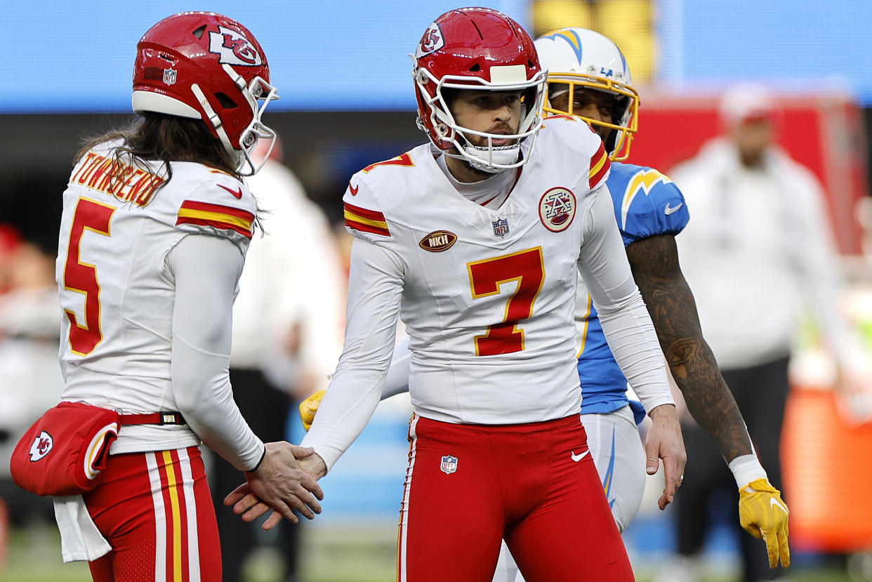 Harrison Butker (7) of the Kansas City Chiefs celebrates after a field goal attempt. (Kevork Djansezian/Getty Images)