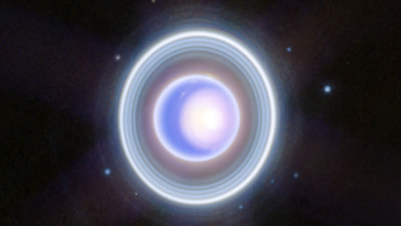 Uranus’ rings are captured in this image from NASA’s James Webb Space Telescope. The telescope also captured images of several of the planet’s 27 known moons.