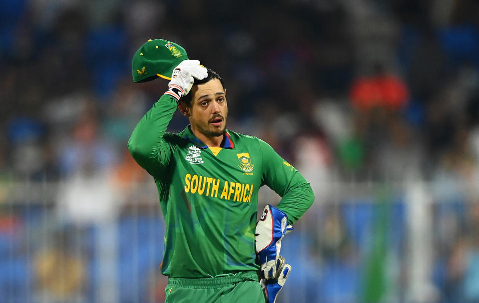 Seen here, South Africa's Quinton de Kock looks dejected during the ICC Men's T20 World Cup match against England.