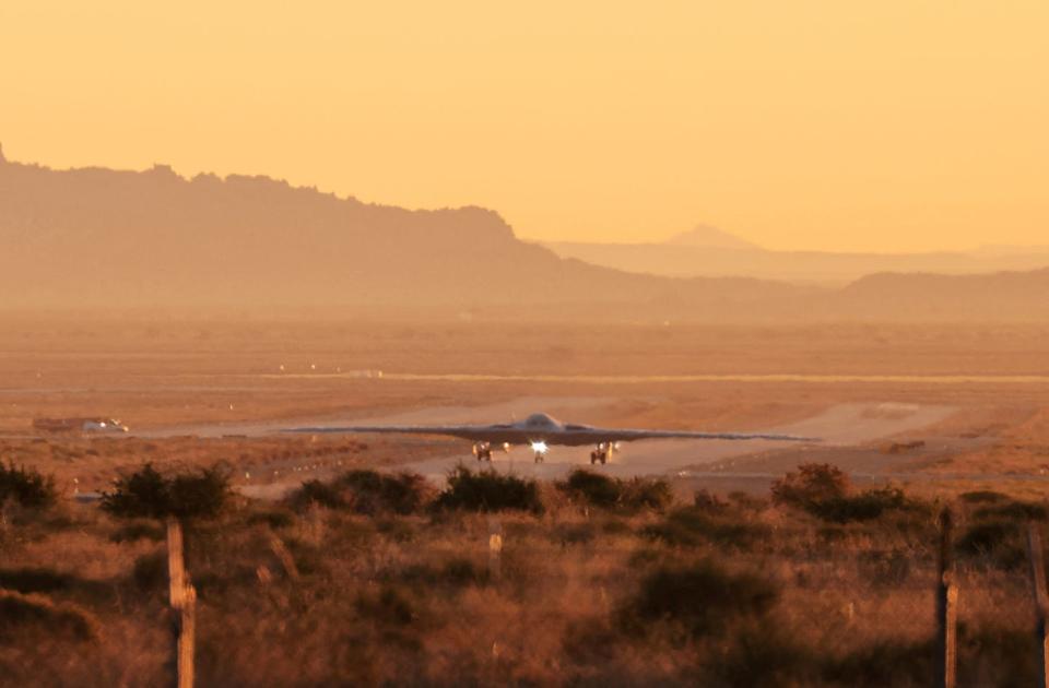 The B-21 "Raider", the long-range stealth bomber that can be armed with nuclear weapons, rolls onto the runway at Northrop Grumman's site at Air Force Plant 42, during the first flight of the United States Air Force's B-21 "Raider", in Palmdale, California, U.S., November 10, 2023.