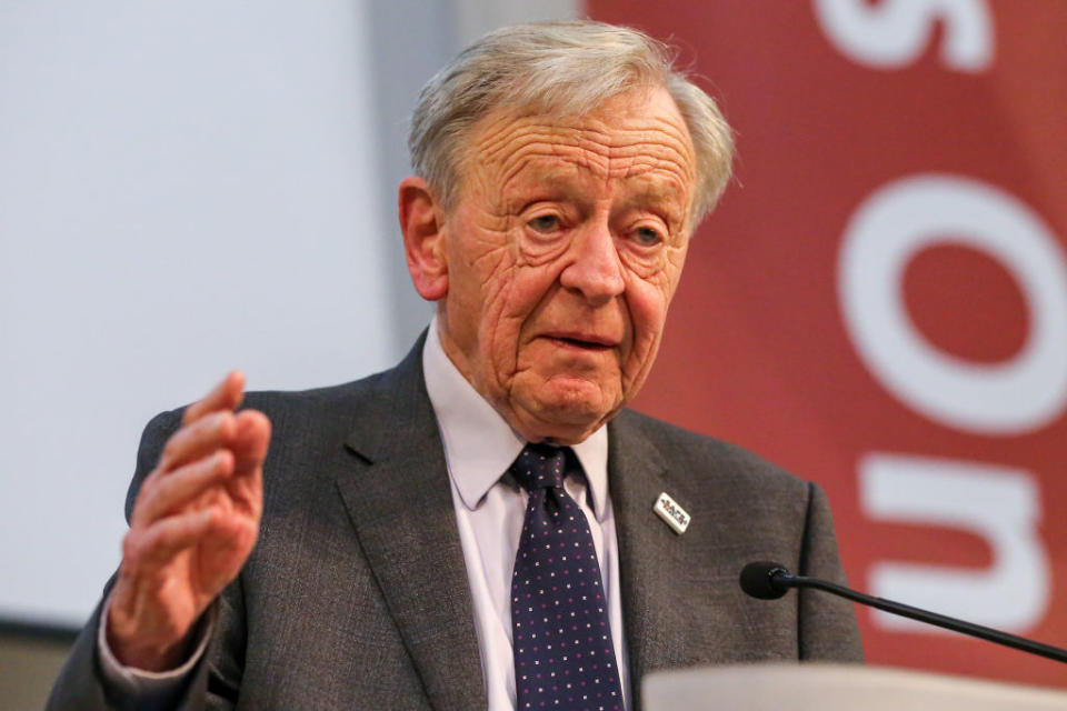 NOV 15: Lord Alf Dubs speaking at the the 80th anniversary commemoration of the Kindertransport, at Friends House in London.