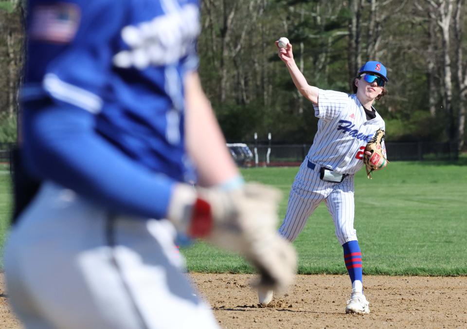 Southeastern shortstop Anthony Musto throws out the Norwell runner at first base during a game on Friday, May 5, 2023. 