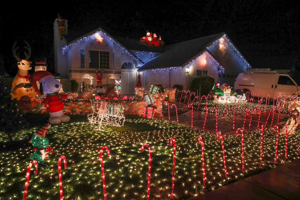 An elaborately decorated home on Minerva Road also known as Candy Cane Lane in Cathedral City, December 15, 2021.