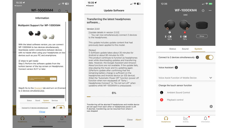 Multipoint Bluetooth update screenshots for Sony WF-1000XM4 wireless earbuds