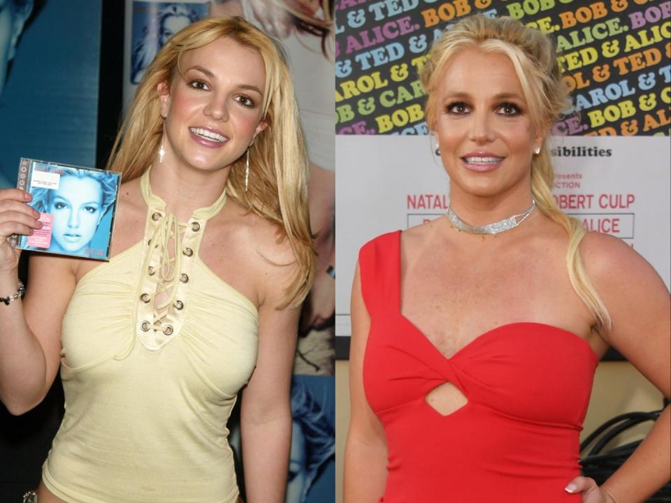 On the left, Britney Spears posing with her album, "In the Zone," in 2003. On the right, Spears posing in a red dress in 2019.