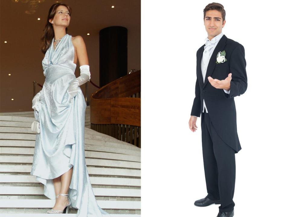 A side-by-side of white-tie wedding attire.