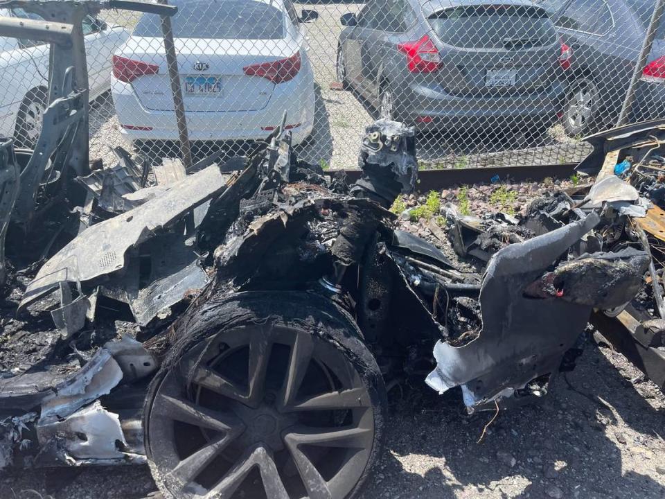 A Tesla electric car with Missouri dealer plates burned to its chassis after hitting a fire hydrant at a high rate of speed Monday morning, Brooklyn Police said.