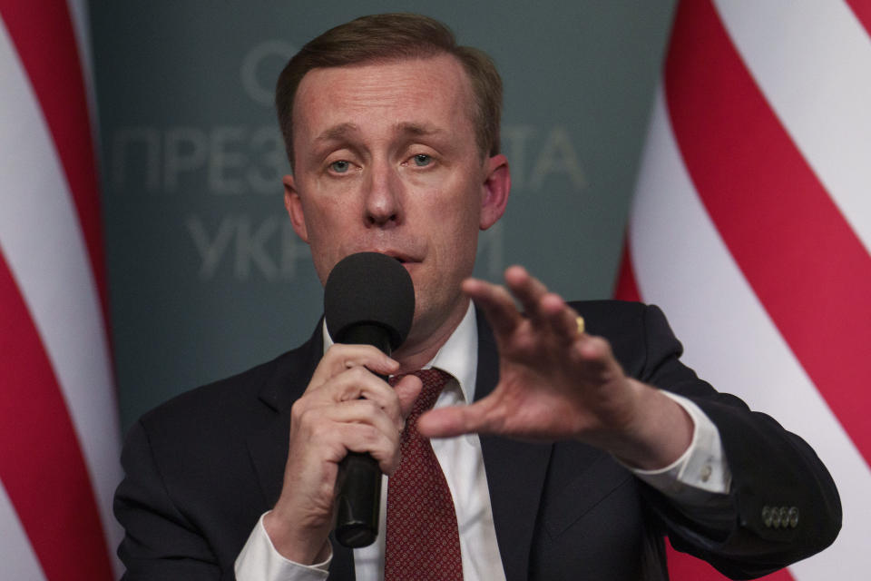 White House national security adviser Jake Sullivan speaks during a joint press conference with the head of the Office of the President of Ukraine Andriy Yermak in Kyiv, Ukraine, Wednesday, March 20, 2024. (AP Photo/Vadim Ghirda)