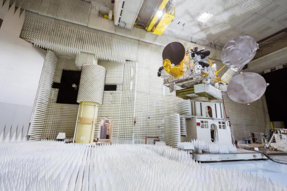 The first payload to launch on SpaceX's debut Falcon 9 Block 5 rocket will be Bangabandhu Satellite-1, the first communications satellite for the country of Bangladesh. Here, the satellite is seen during testing by its builders Thales Alenia Space. <cite>Thales Alenia Space</cite>