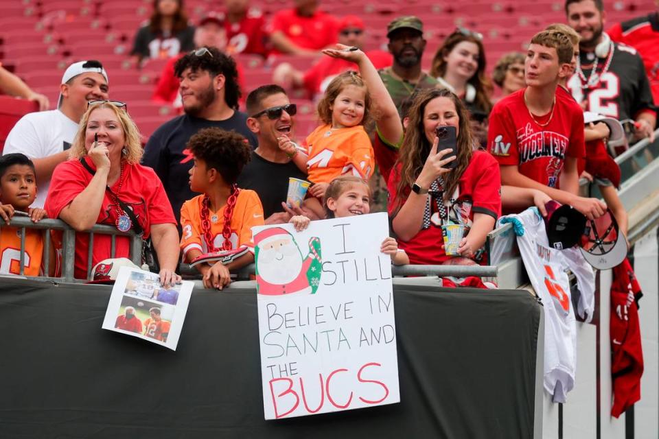 Dec 3, 2023; Tampa, Florida, USA; fans wait for the start of a game between the Carolina Panthers and Tampa Bay Buccaneers at Raymond James Stadium. Mandatory Credit: Nathan Ray Seebeck-USA TODAY Sports