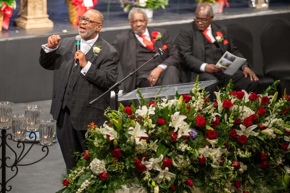 Rev. Marvin Hall gives the eulogy during Shirlene Mercer's funeral service inside Carl Perkins Civic Center in Jackson, Tenn. on Wednesday, Aug. 9, 2023.