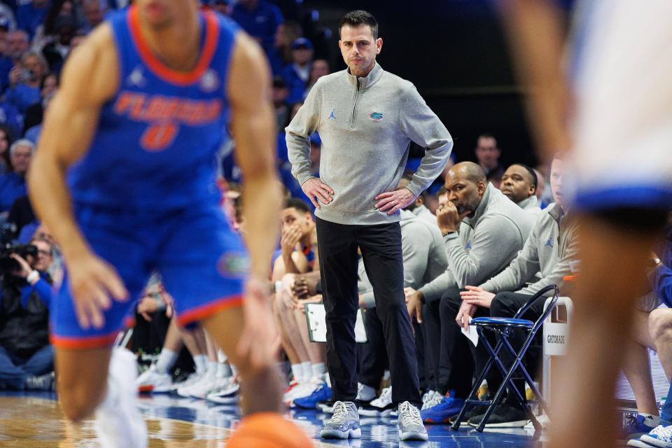 Jan 31, 2024; Lexington, Kentucky, USA; Florida Gators head coach Todd Golden looks on during the first half against the Kentucky Wildcats at Rupp Arena at Central Bank Center. Mandatory Credit: Jordan Prather-USA TODAY Sports