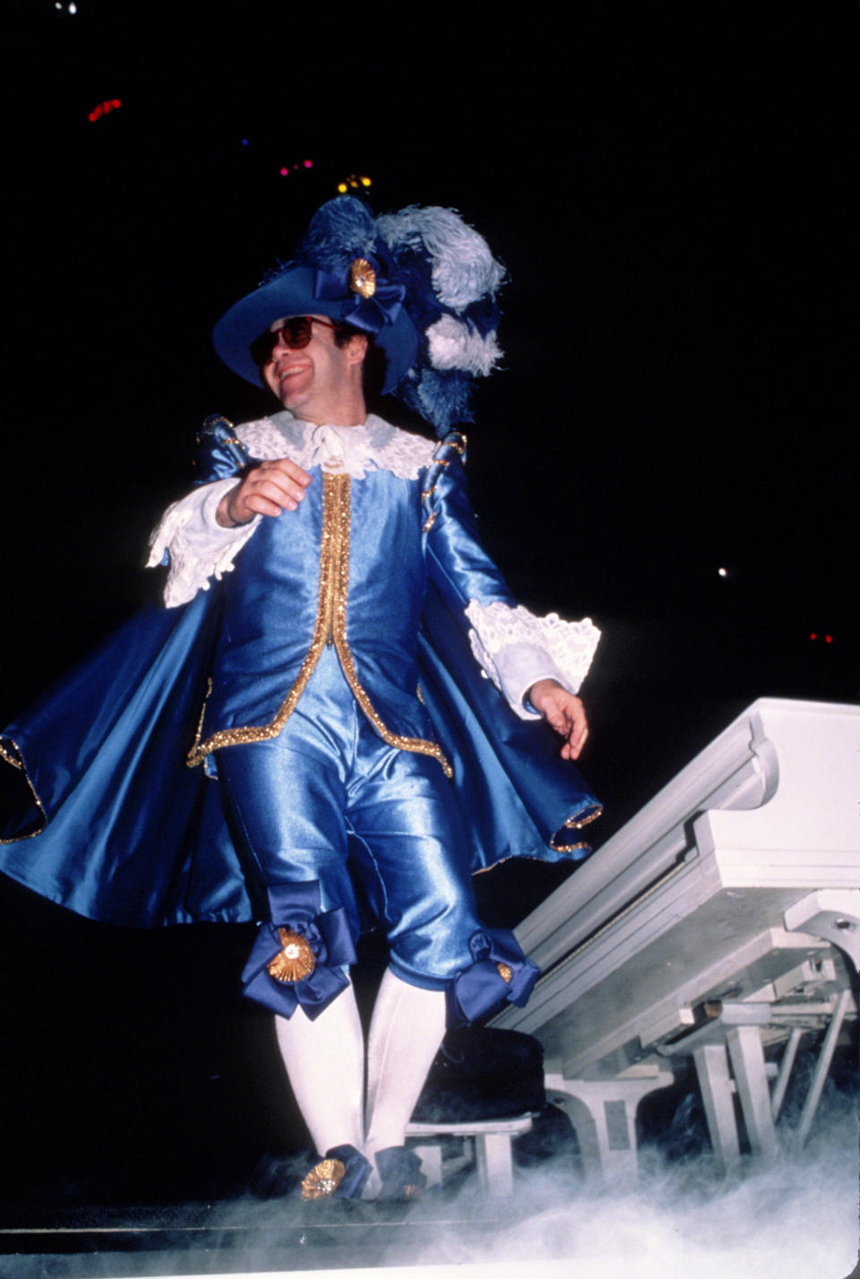 A swashbuckling Elton John in concert circa 1982 in New York City.