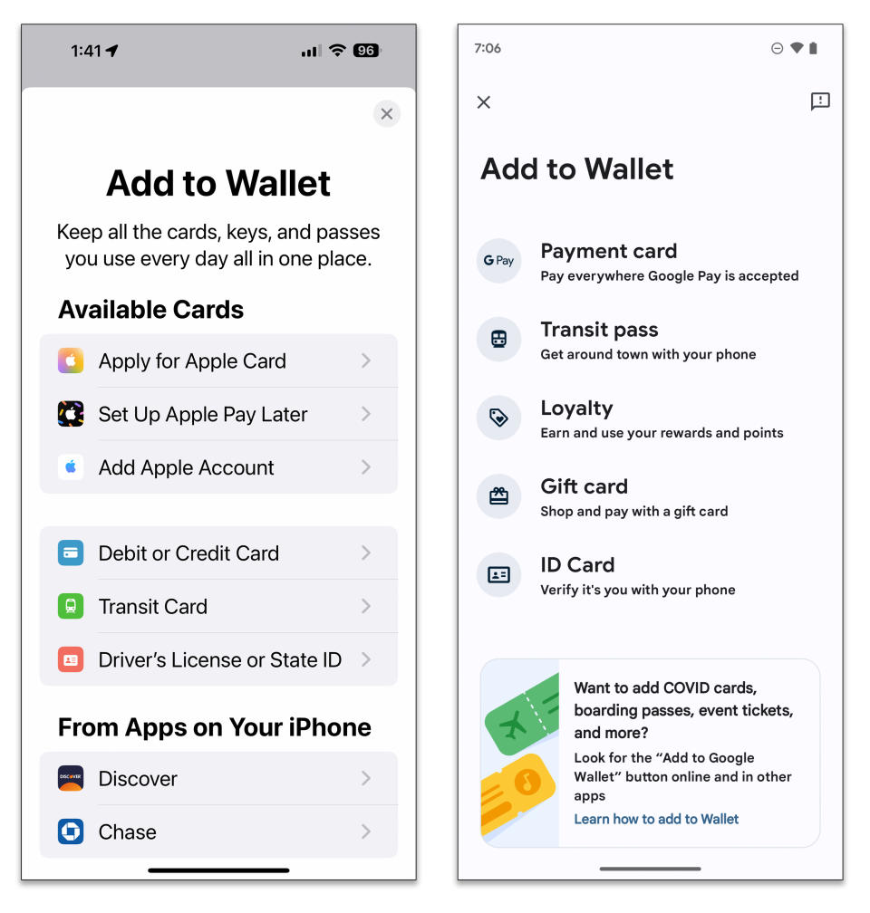 Opciones para añadir versiones digitales de tarjetas bancarias y de identidad. (Apple; Google vía The New York Times)
