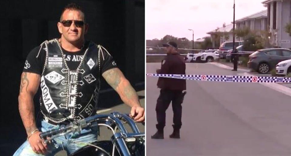 Pictured left is Shane Bowden, a Mongols bikie who has been shot dead on the Gold Coast (right are police at the scene).