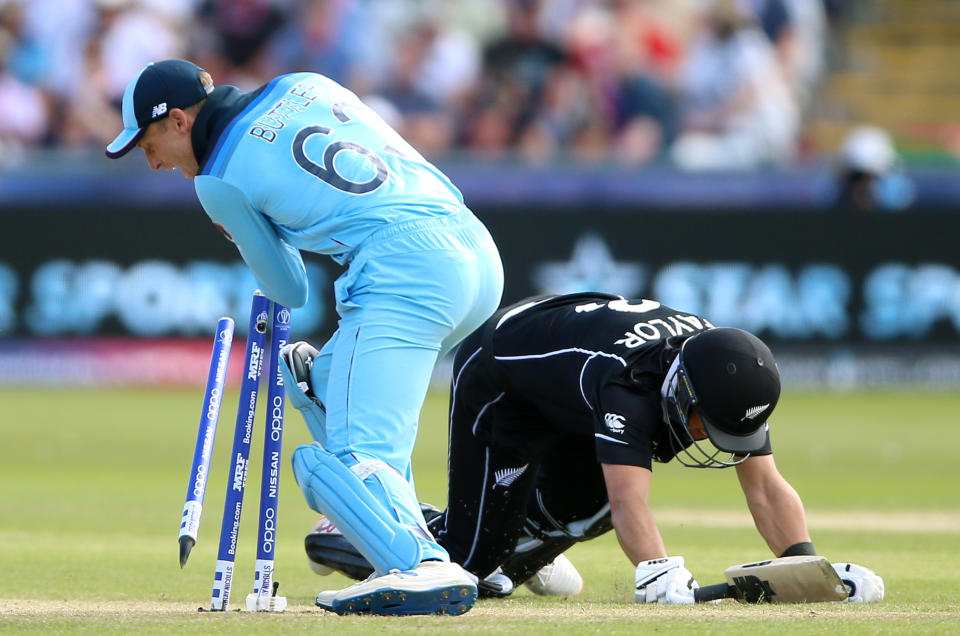 New Zealand's Ross Taylor is run out by England's Jos Buttler during the ICC Cricket World Cup group stage match at Riverside Durham, Chester-le-Street. (Photo by Nigel French/PA Images via Getty Images)