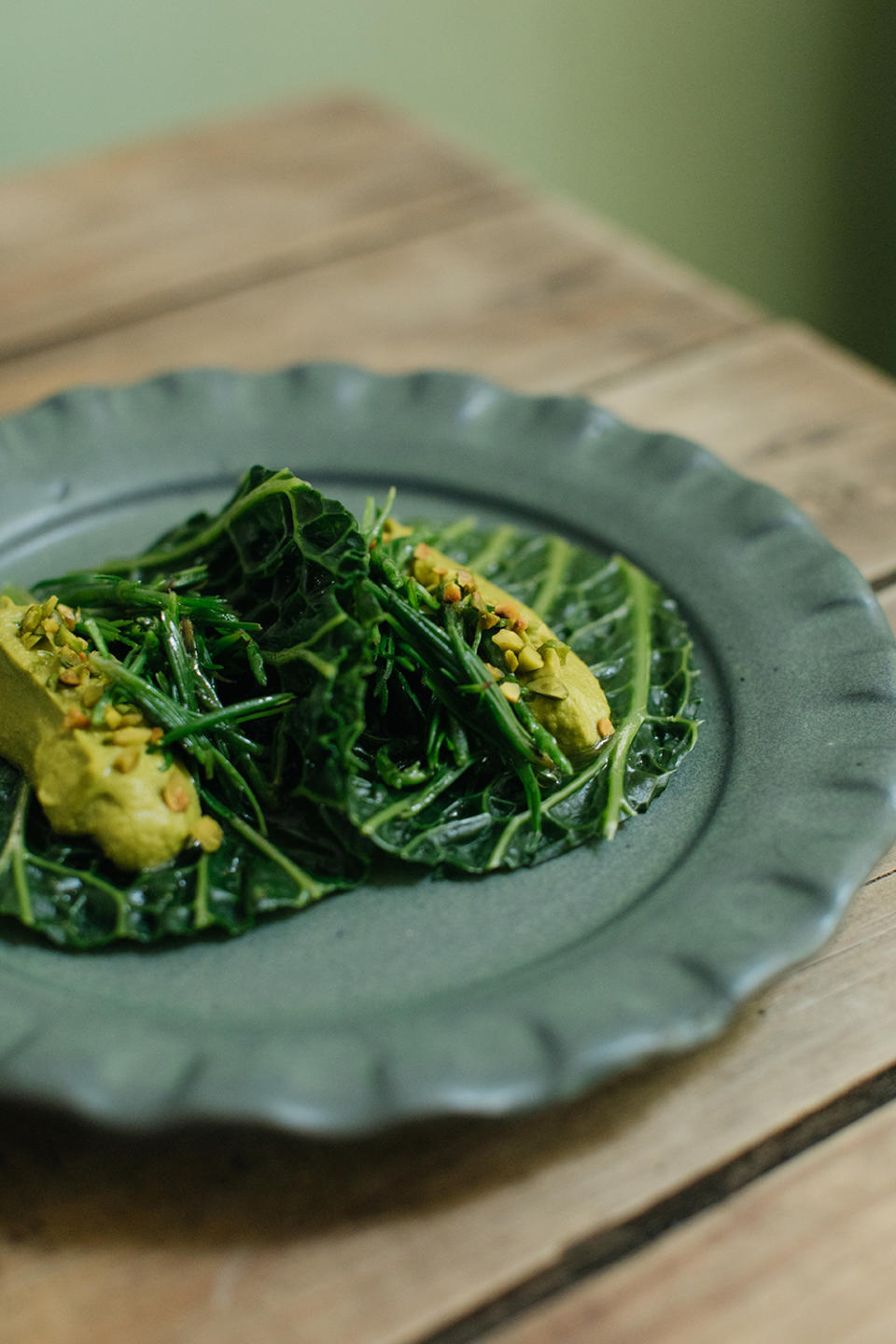 Savoy cabbage tacos with pistachio pipián and romeritos