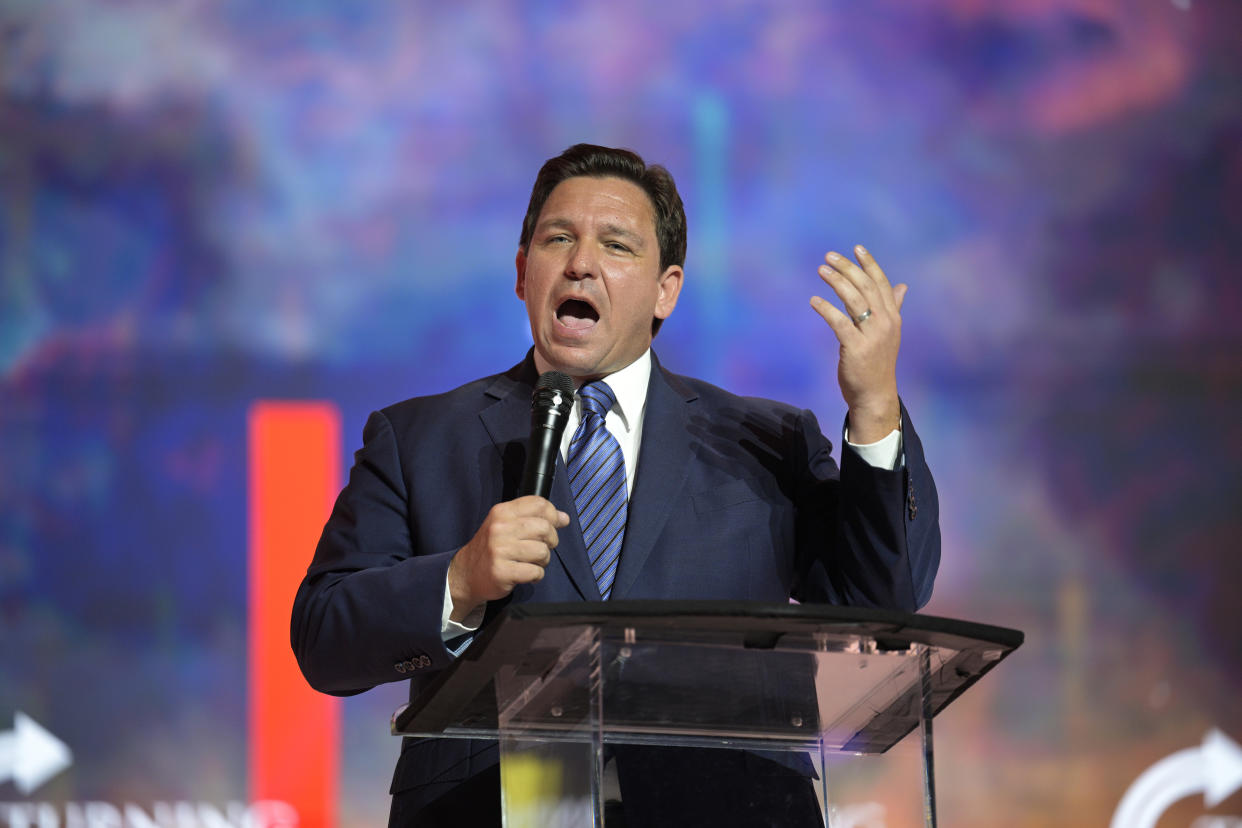 Florida Gov. Ron DeSantis addresses attendees during the Turning Point USA Student Action Summit, Friday, July 22, 2022, in Tampa, Fla. (AP Photo/Phelan M. Ebenhack)