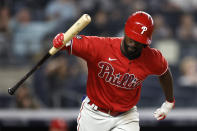 Philadelphia Phillies' Andrew McCutchen reacts to flying out against the New York Yankees during the seventh inning of a baseball game Wednesday, July 21, 2021, in New York. (AP Photo/Adam Hunger)