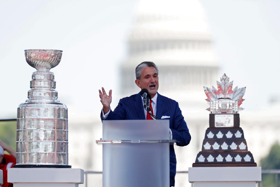 Ted Leonsis, majority owner of the Washington Capitals and Washington Wizards, speaks at the Capitals' Stanley Cup title celebration in 2018.