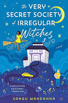 Mystery Romance Books: The Very Secret Society of Irregular Witches 
by Sangu Mandanna book cover shows a witch sitting on a broomstick amidst a blue night sky