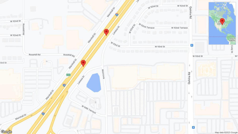 A detailed map that shows the affected road due to 'Broken down vehicle on eastbound I-35 in Lenexa' on December 31st at 3 p.m.