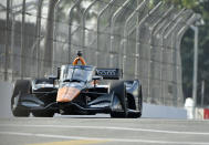 Indycar driver Pato O'Ward, from Mexico, races up Pine Avenue during the final practice session for the Grand Prix of Long Beach auto race Saturday, Sept. 25, 2021, in Long Beach, Calif. (Will Lester/The Orange County Register via AP)