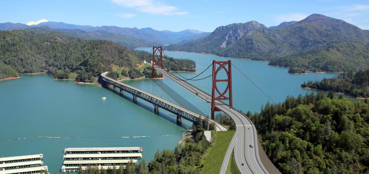 Caltrans has drawn up three designs of a bridge to replace the Interstate 5 highway portion of the Pit River Bridge over Lake Shasta.