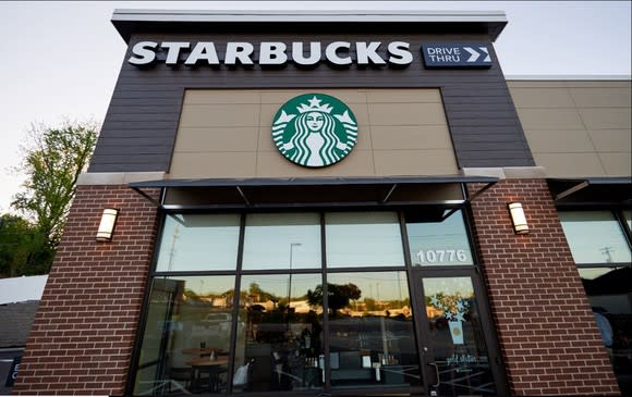 The exterior of a Starbucks store.