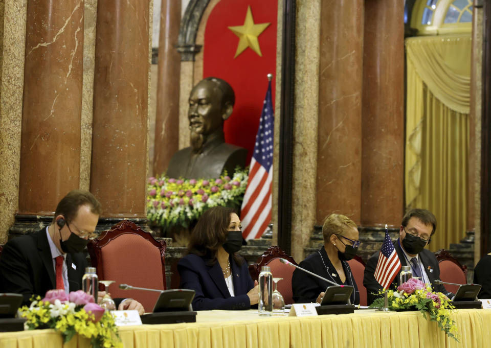 U.S. Vice President Kamala Harris, second left, attends a bilateral meeting with Vietnam's Vice President Vo Thi Anh Xuan at the Presidential Palace in Hanoi, Vietnam, Wednesday, Aug. 25, 2021. (Evelyn Hockstein/Pool Photo via AP)